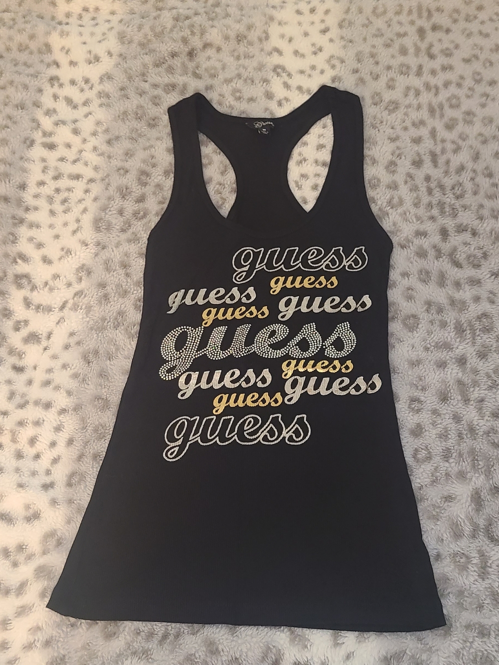 GUESS Black Racerback Tank with Silver and Gold Script Logos - Picture 3 of 5